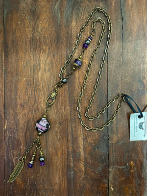 Necklace - Brass chain, Amethyst, Purple glass, Hematite & Rhinestone
