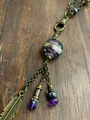 Necklace - Brass chain, Amethyst, Purple glass, Hematite & Rhinestone