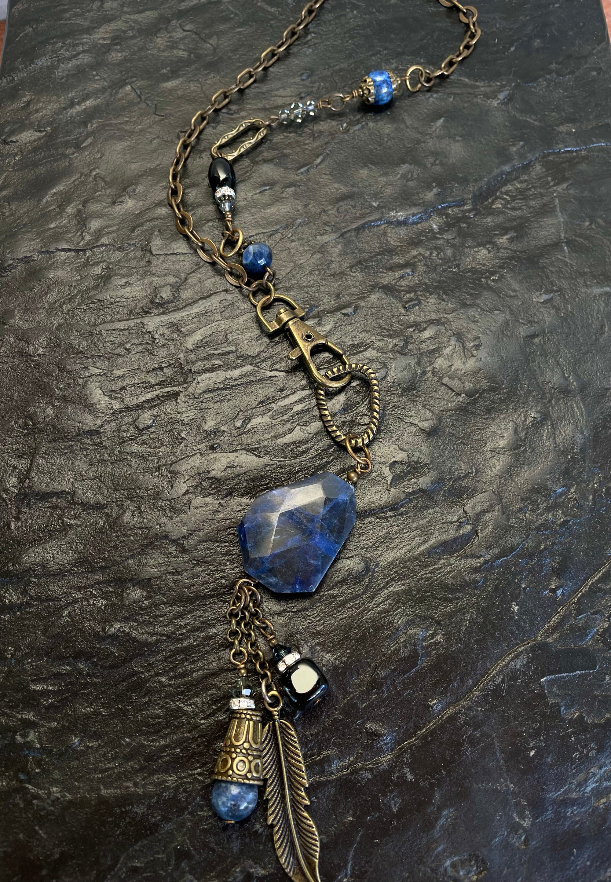 Necklace- Sodalite, Onyx, Crystal, Brass chain