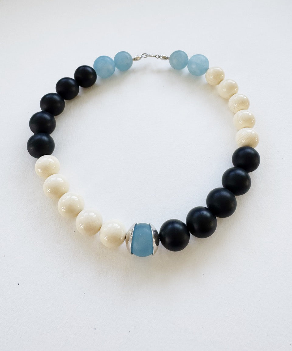 Aquamarine, Onyx, Bone & Silver Necklace