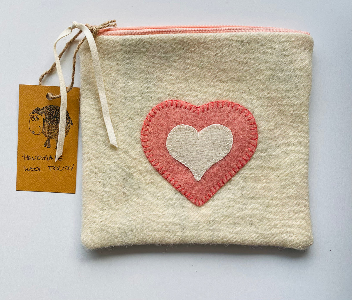 Large White Pouch - Peach & White Heart