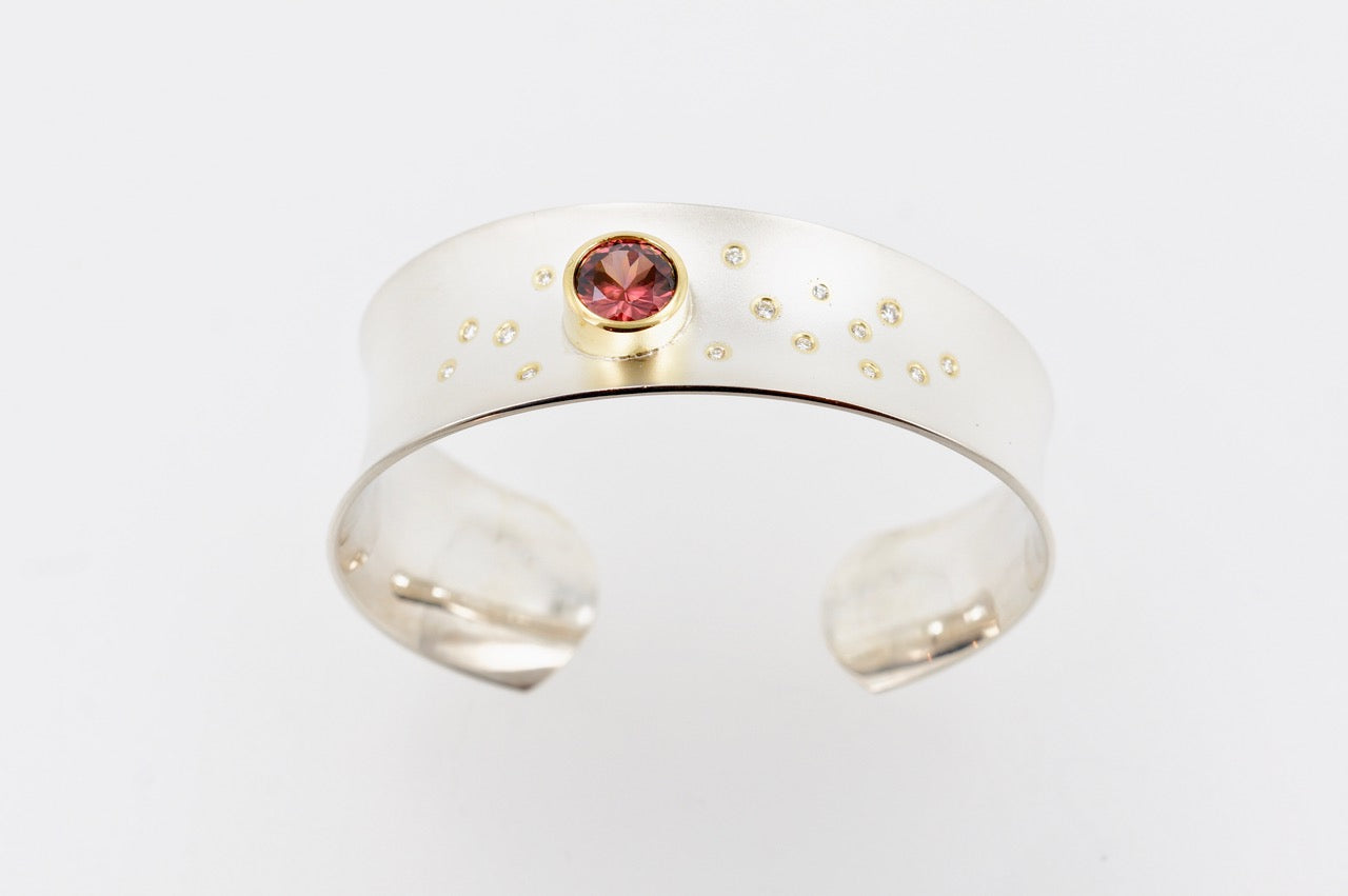 Sterling Silver Bangle with Red Zircon and Diamonds
