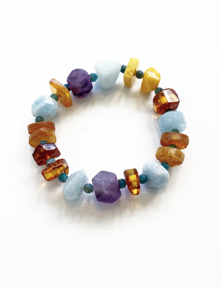 Bracelet- Amber, Aquamarine, Amethyst & Blue Apatite