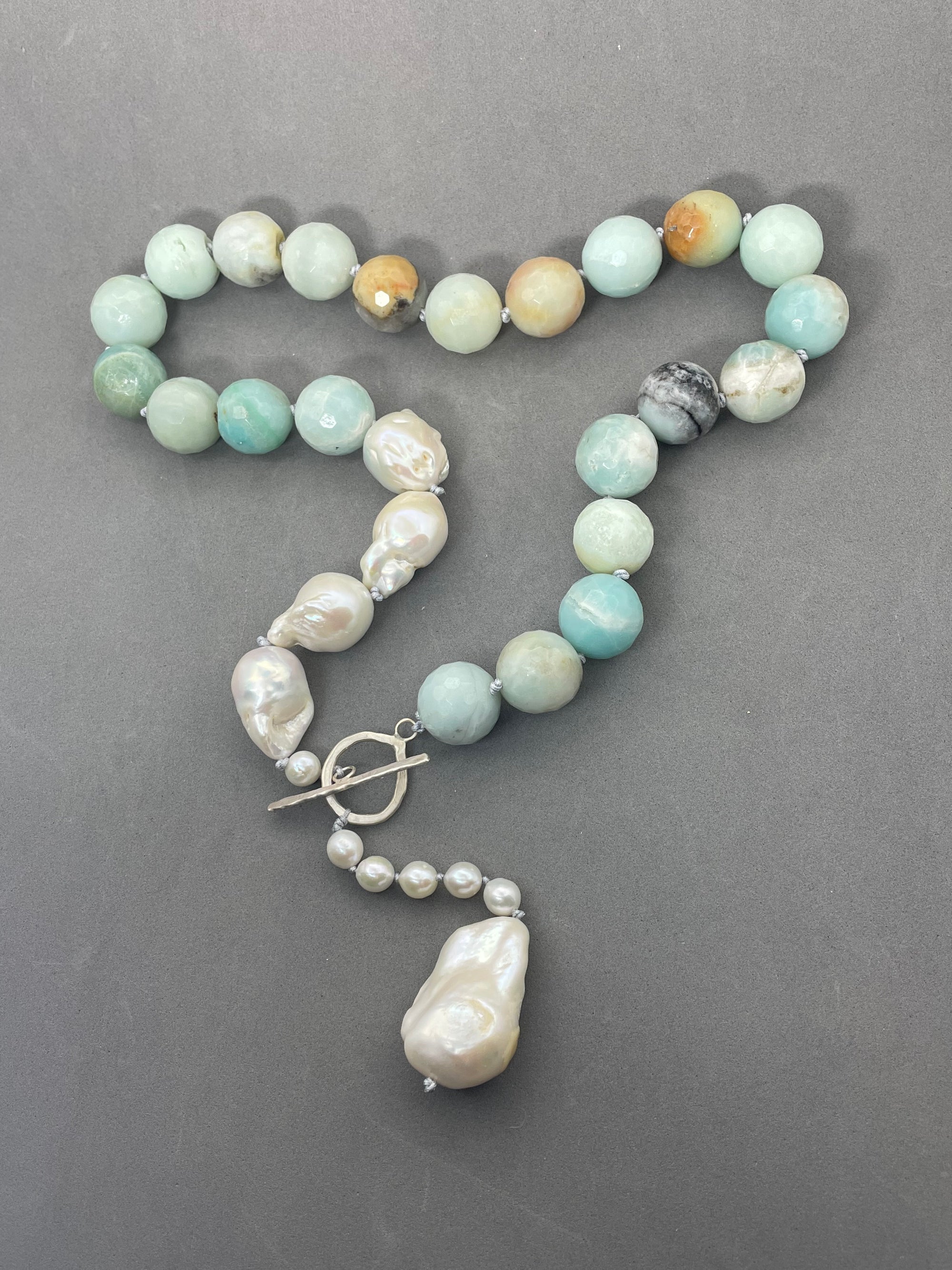 Necklace, amazonite, baroque pearl, handmade silver clasp