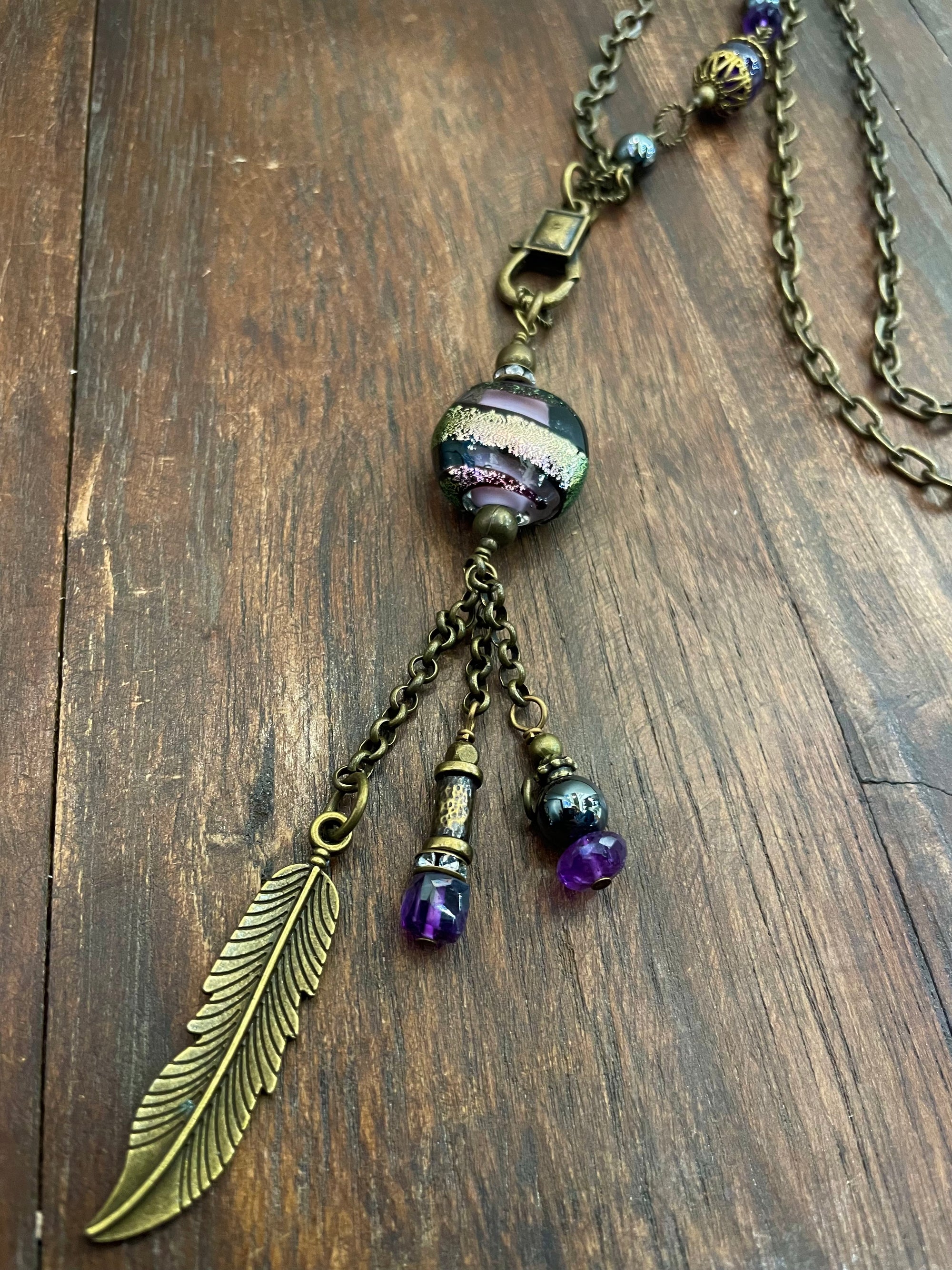 Necklace - Brass chain, Amethyst, Purple glass, Hematite & Rhinestone