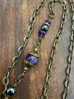 Necklace - Brass chain, Amethyst, Purple glass, Hematite & Rhinestone