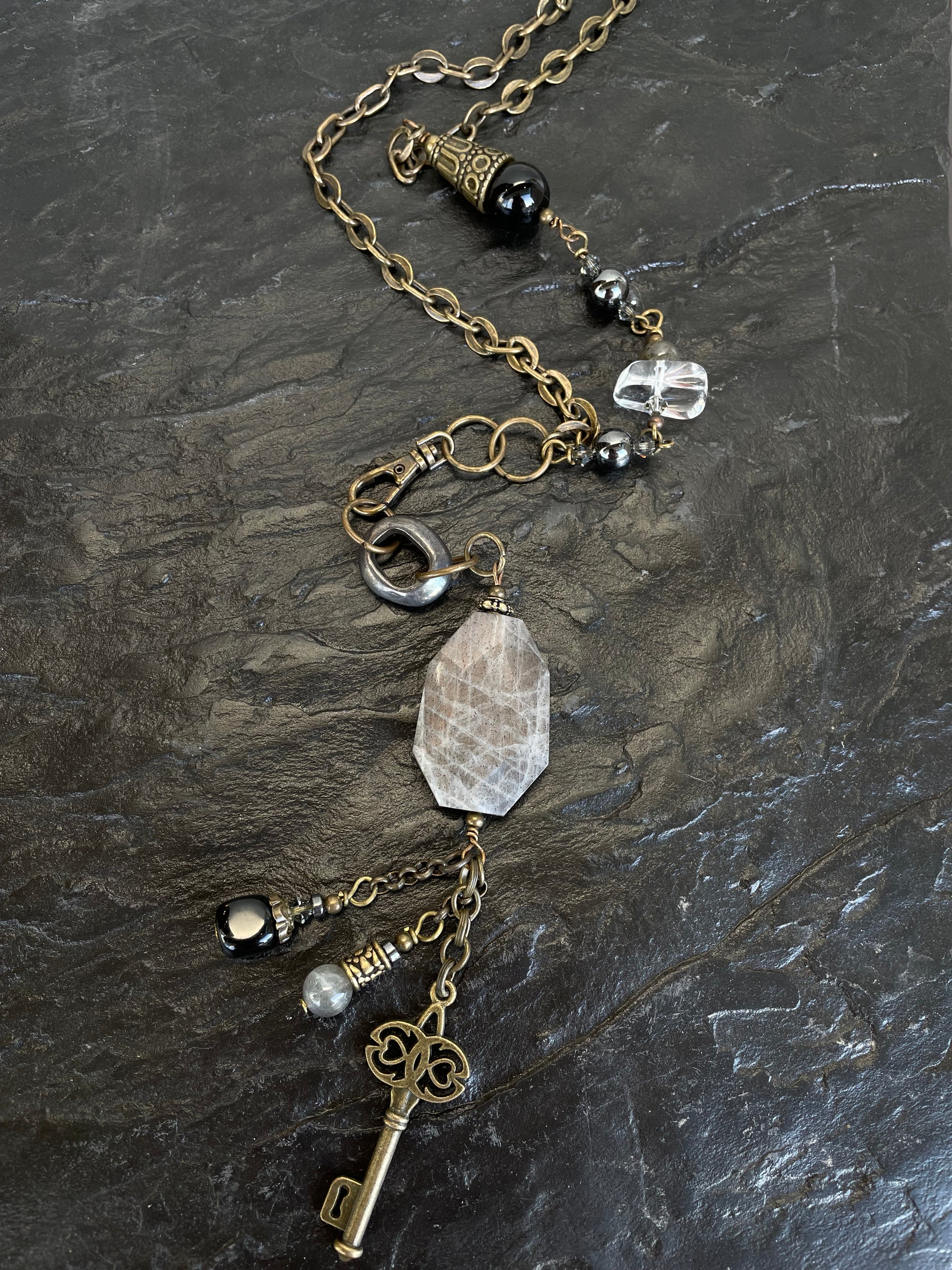 Necklace- Brass, Labradorite, Onyx, Hematite & Crystal