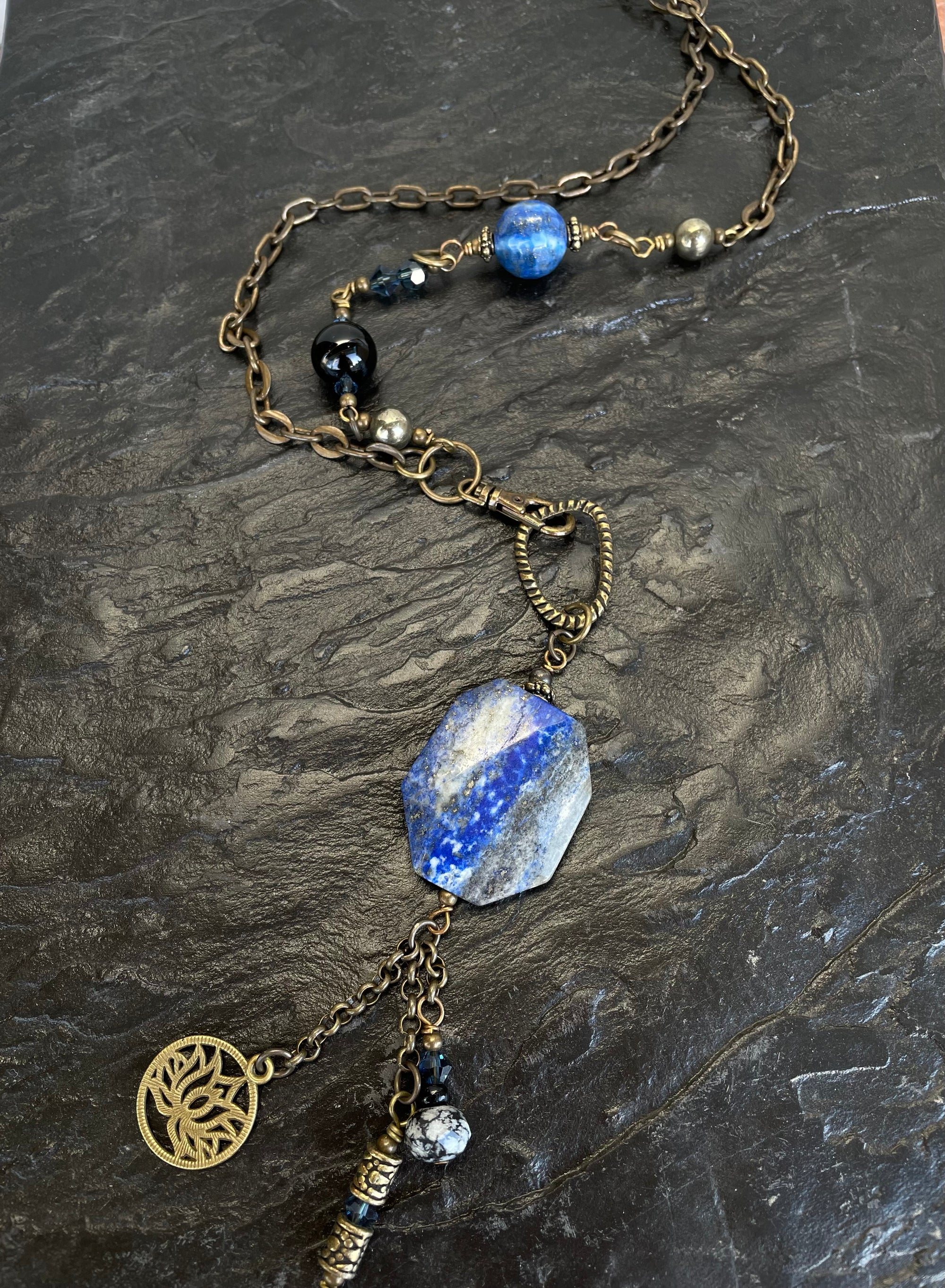 Necklace- Brass, Lapis Lazuli, Sodalite, Hematite, Onyx & Swarovski