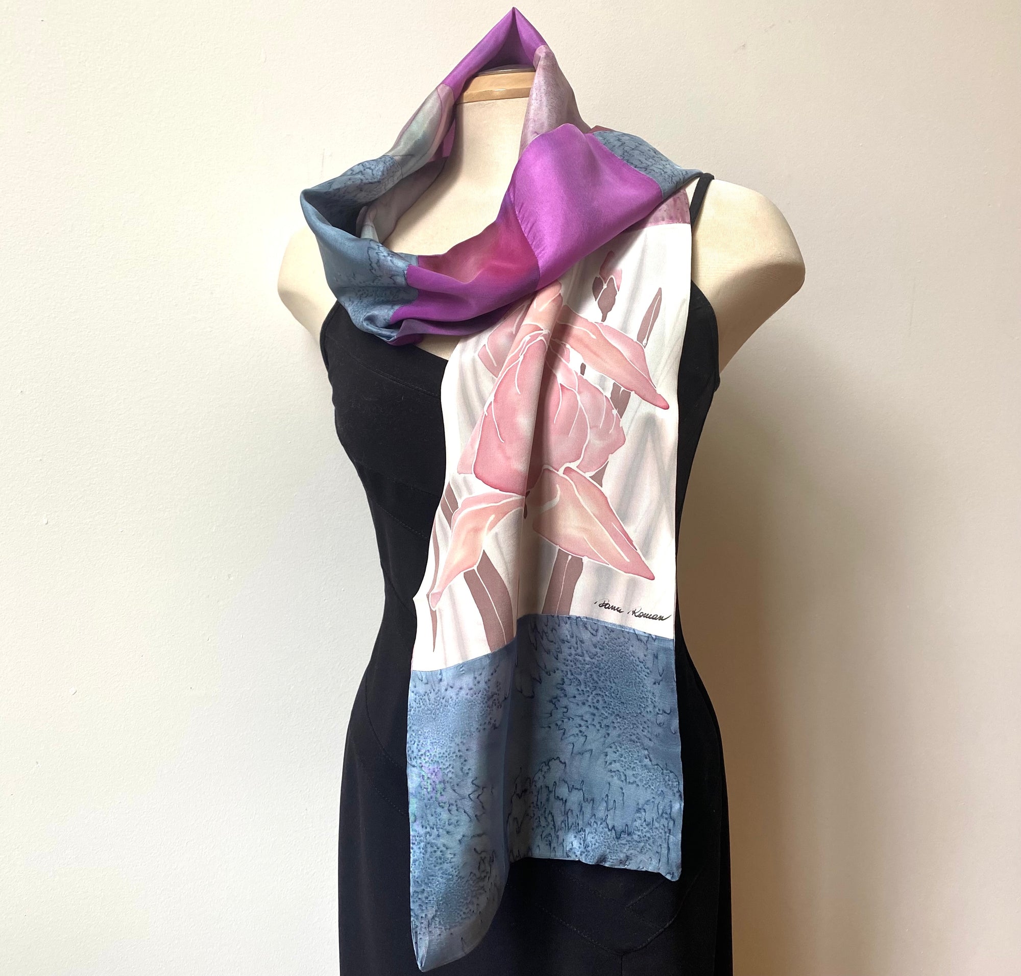 Double Scarf with flowers - White 9"x 60"