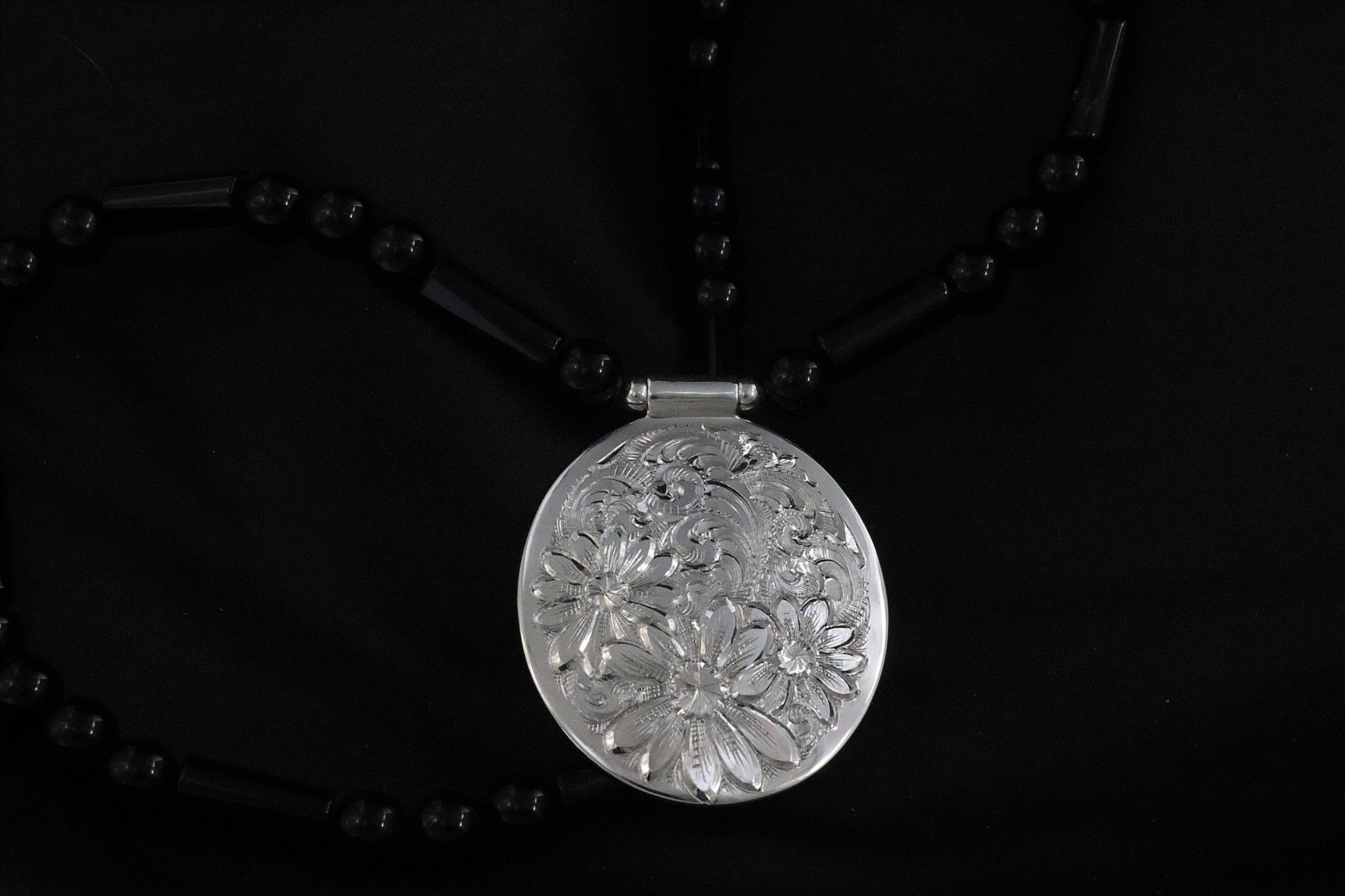 Oval Flower Pendant with Onyx Beads