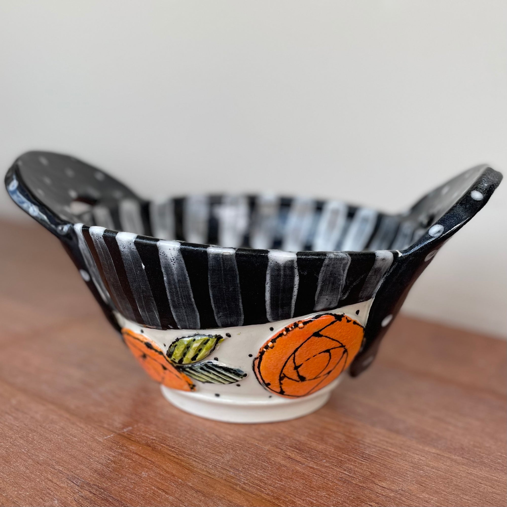 Handled Bowl with Orange Roses