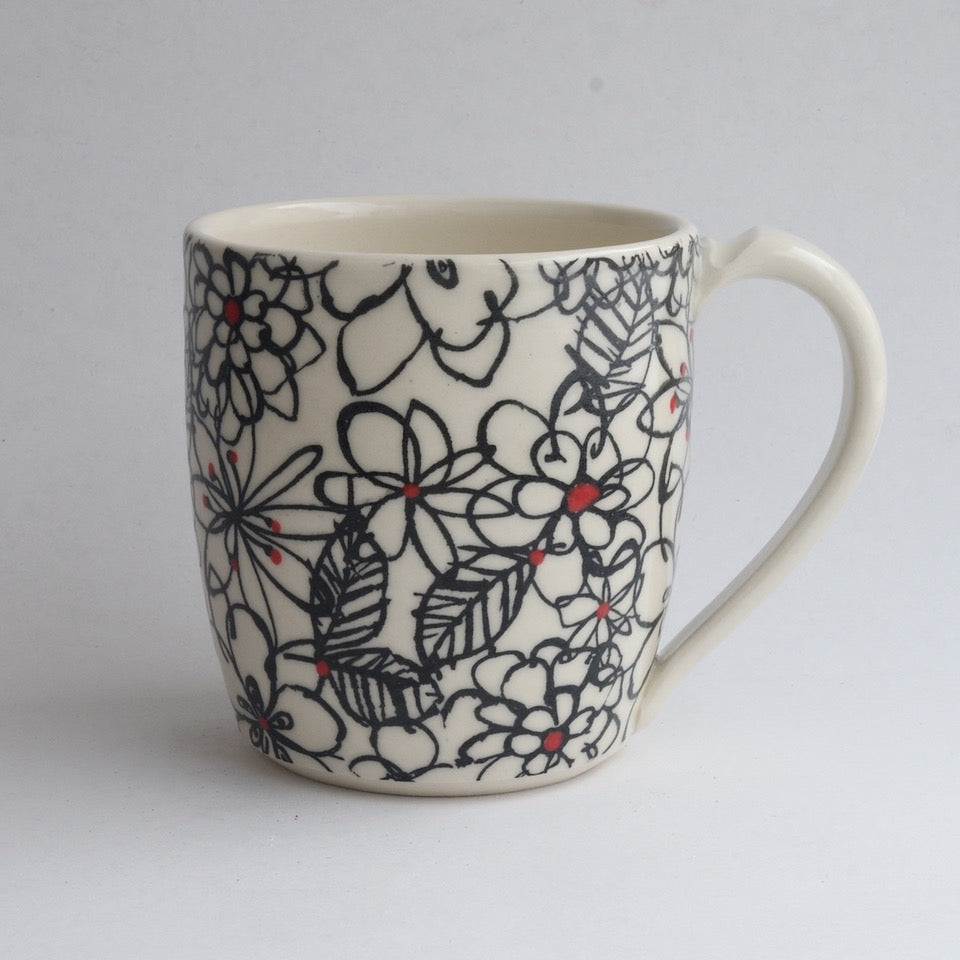 Tall Mug -Black Scribble Flowers Mug