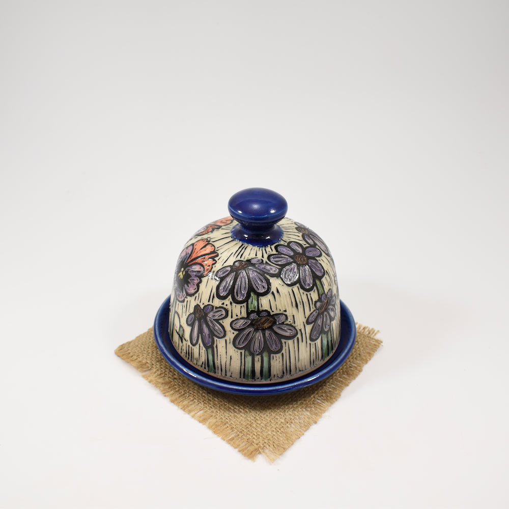 Butter Dish- Pansy, Echinacea, Cobalt