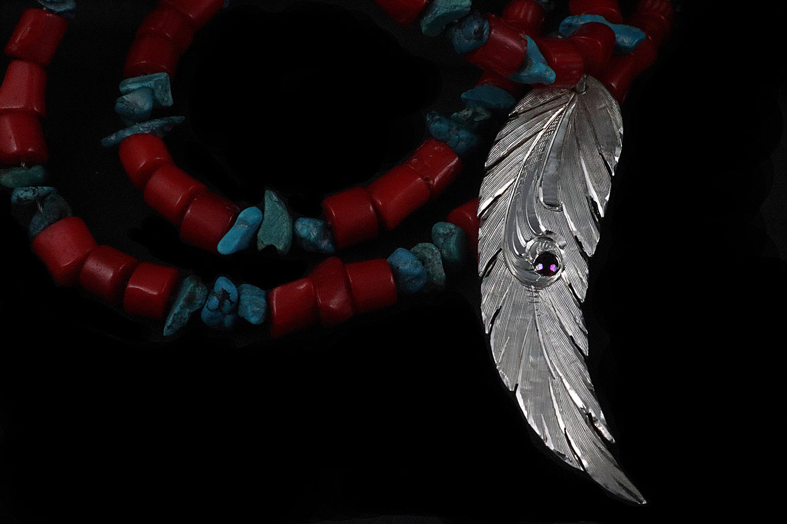 Feather Pendant - Ruby, Coral & Turquoise