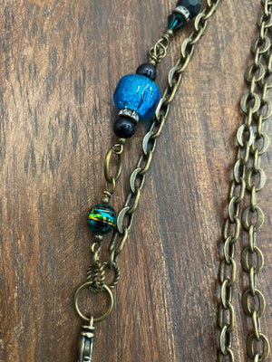 Necklace - Brass chain, Teal-Turquoise Glass, Onyx & Crystal