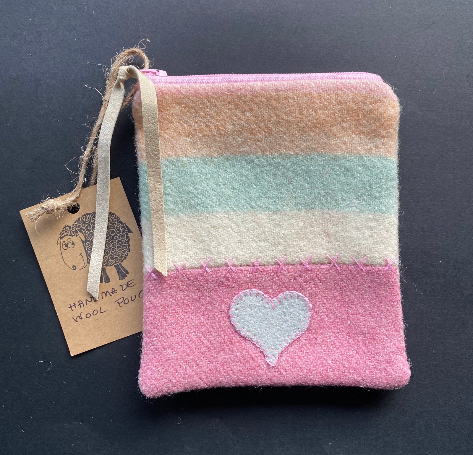 Small Striped Pouch with Grey Heart & Pink Stitching