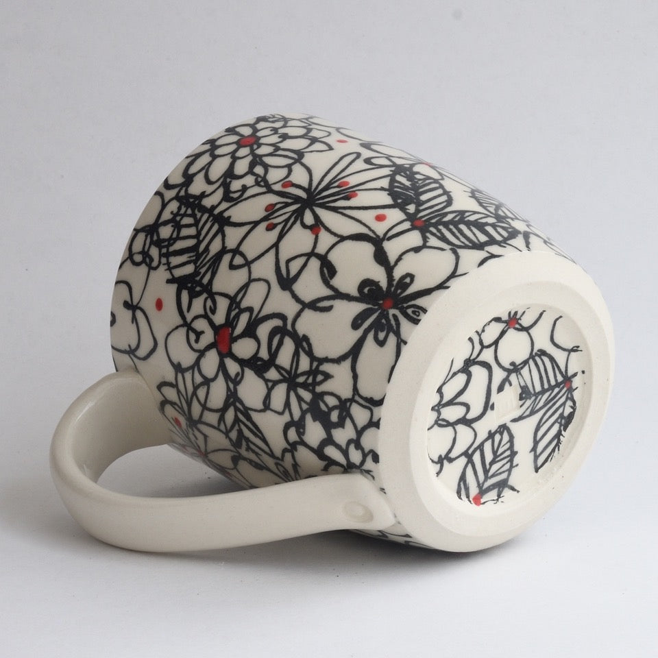 Tall Mug -Black Scribble Flowers Mug