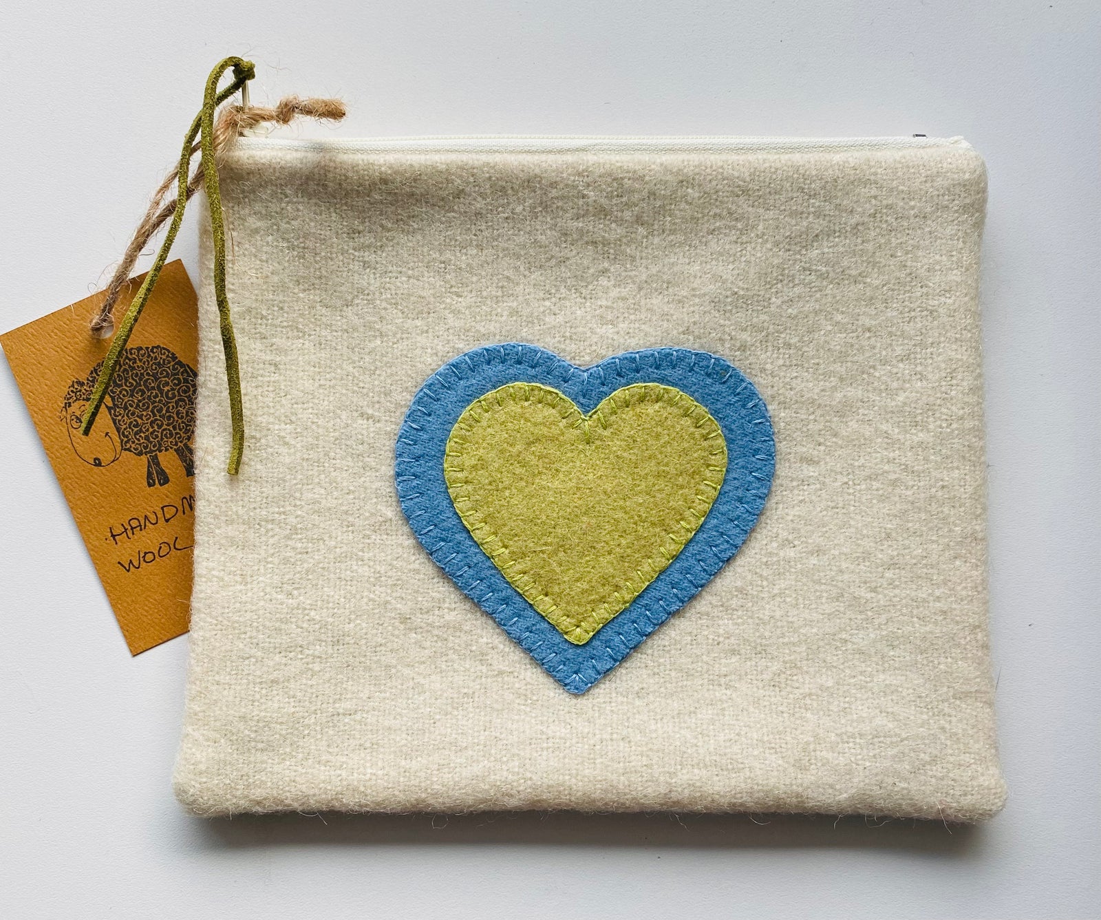 Large White Pouch - Blue & Lime Green Heart