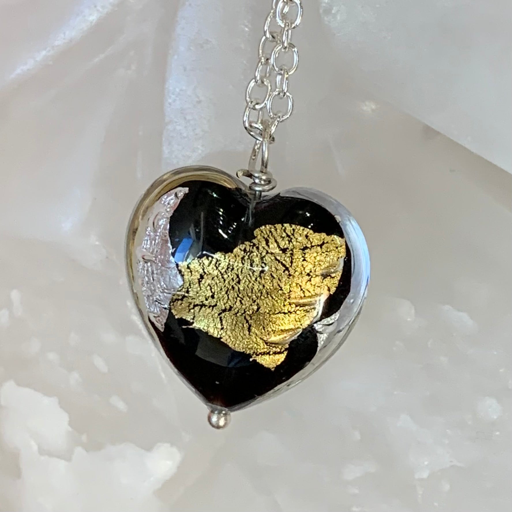 Murano Glass Heart Pendant with Gold & Silver Leaf