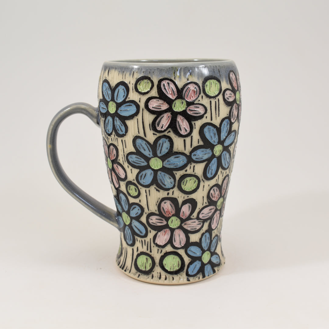 Tall Mug - Rainbow Daisy, Light Blue