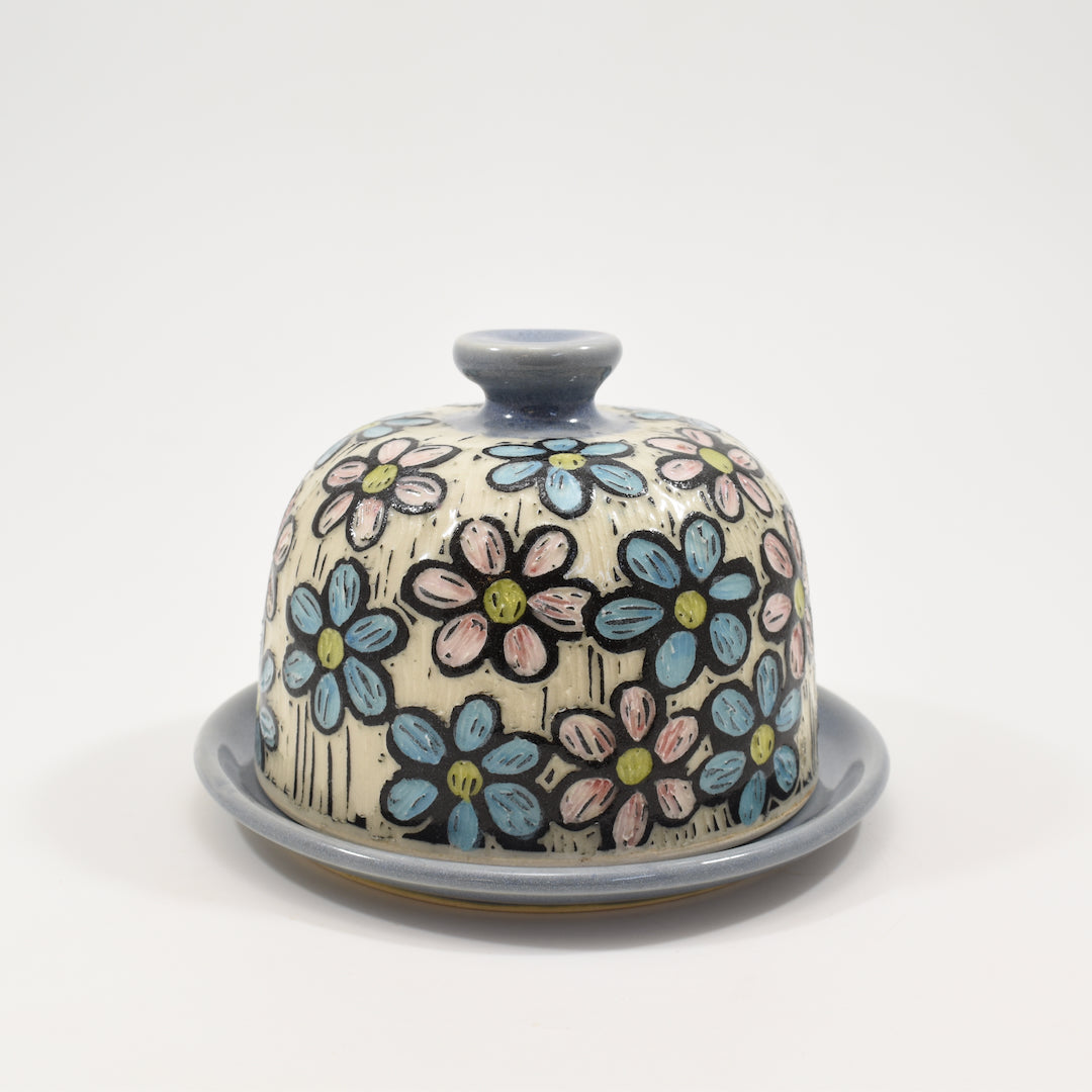Butter Dish - Rainbow Daisy, Light Blue