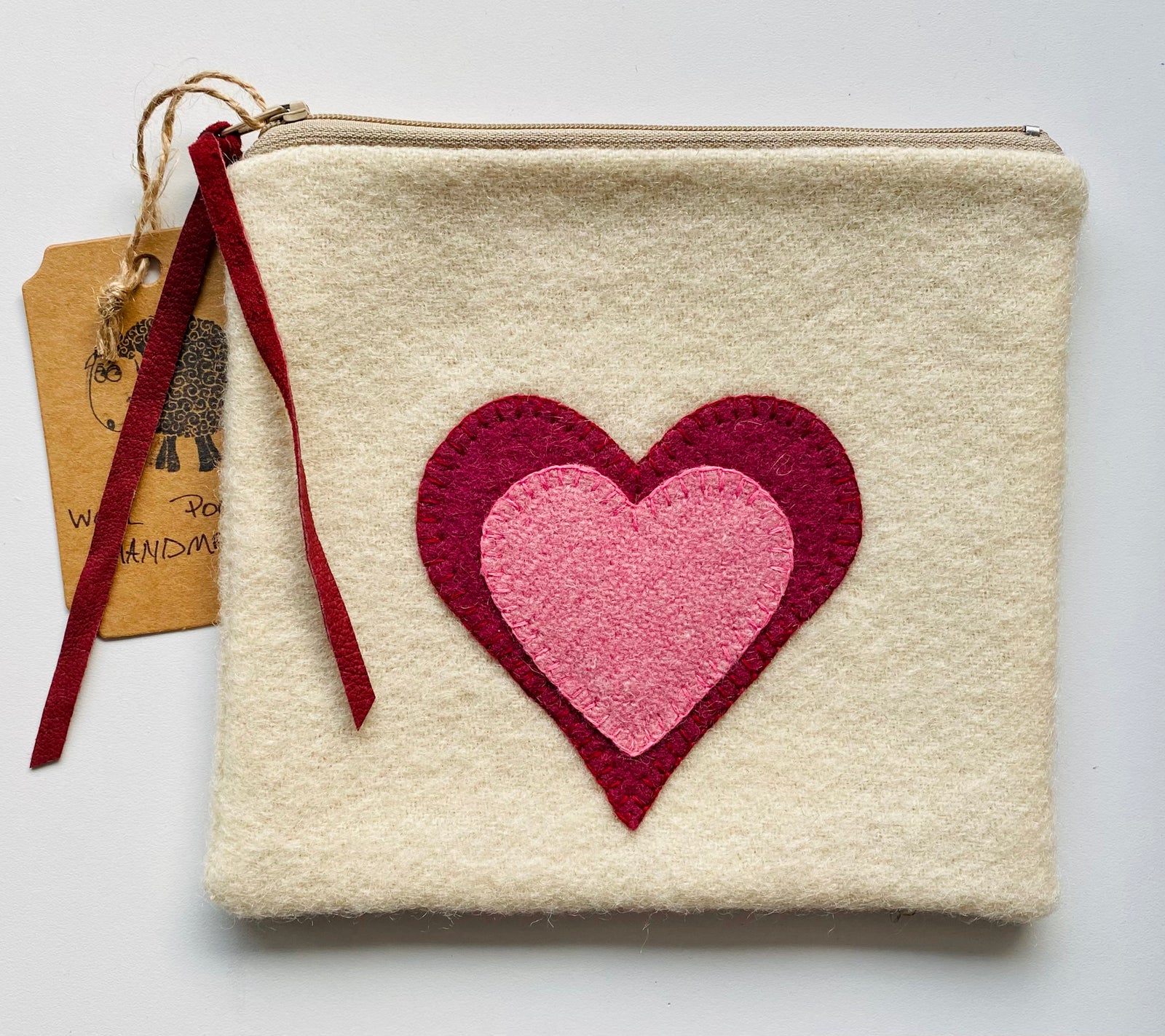 Large White Pouch - Burgundy & Pink Heart