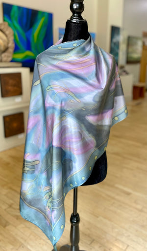 22" x 70" Silk Scarf - muted blues, purples & greens