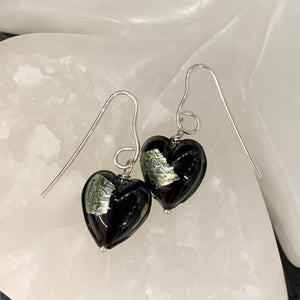 Murano Glass Heart Earrings-Silver Leaf