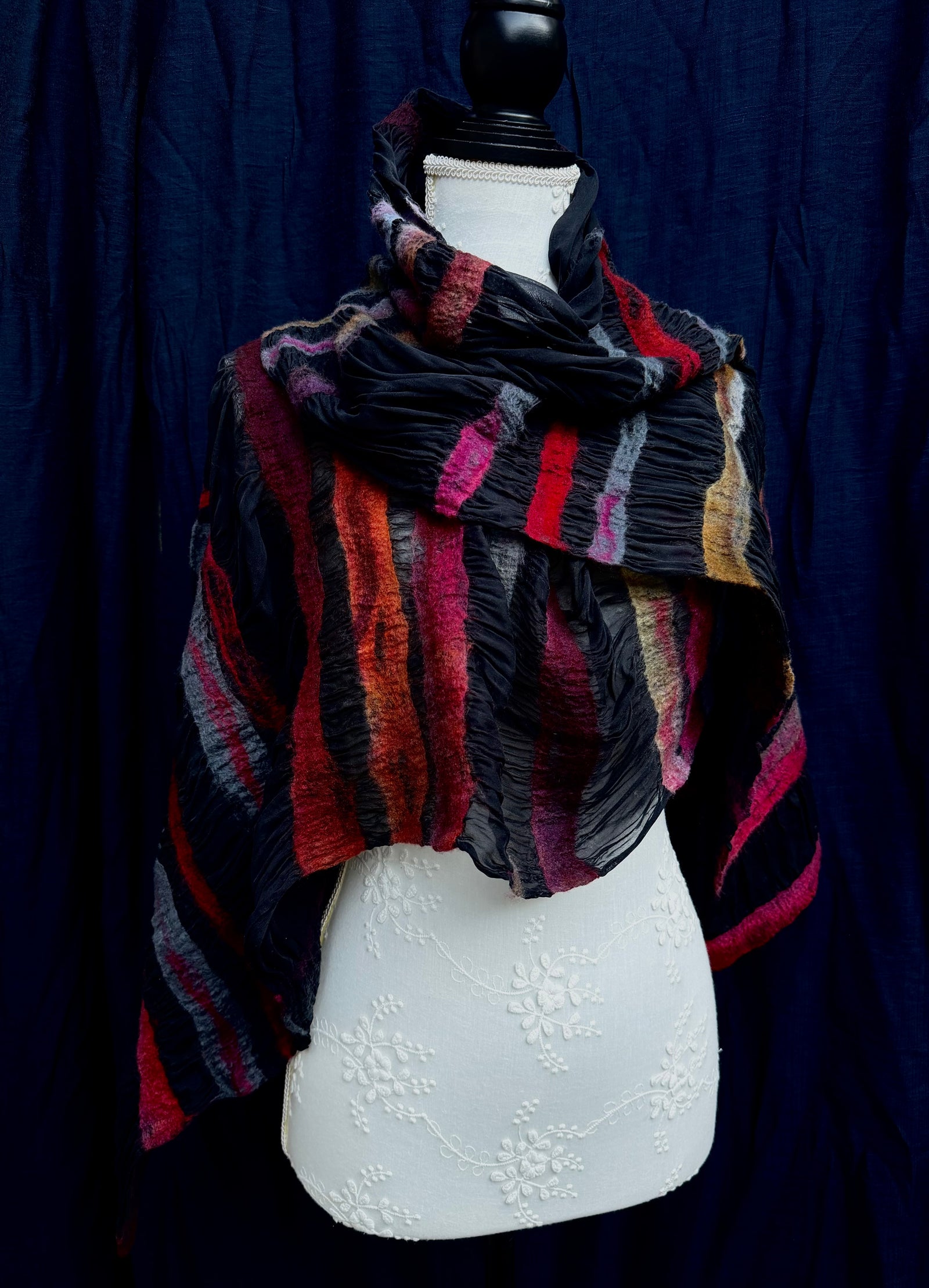 Scarf - Black Nuno Felted Silk Striped