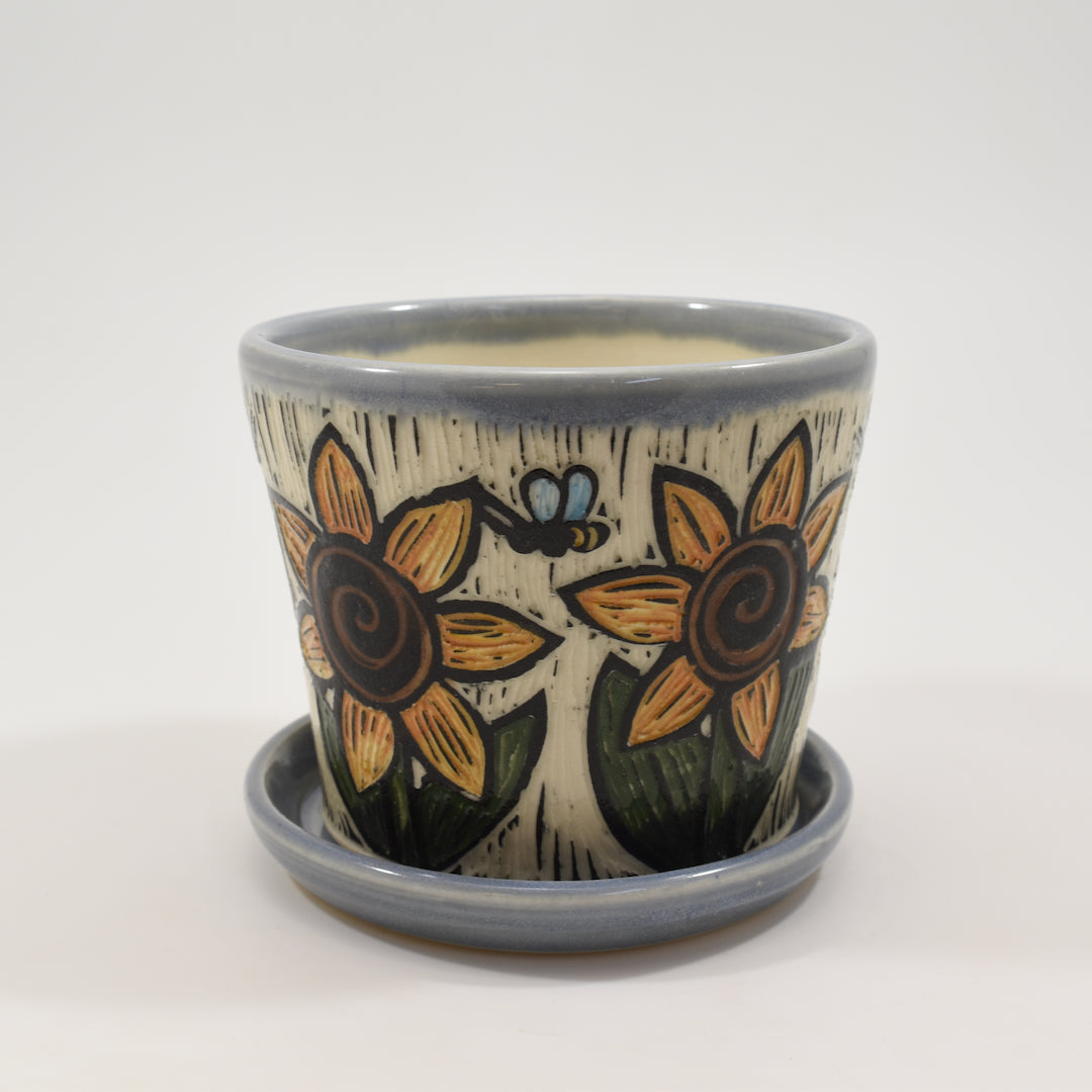 Medium Plant Pot - Sunflowers, Light Blue