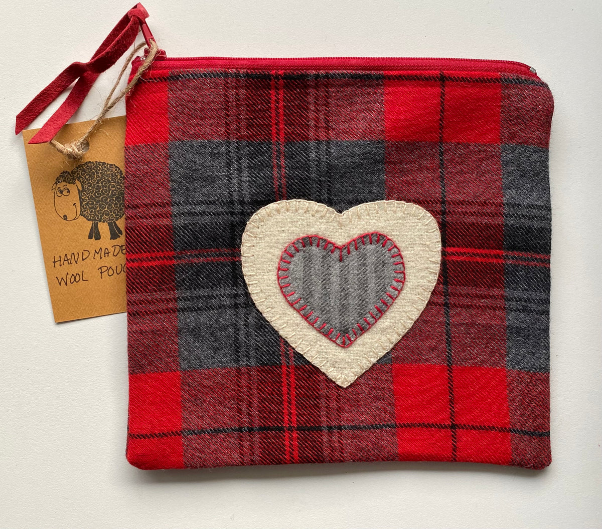Red Plaid Pouch - White & Grey Heart