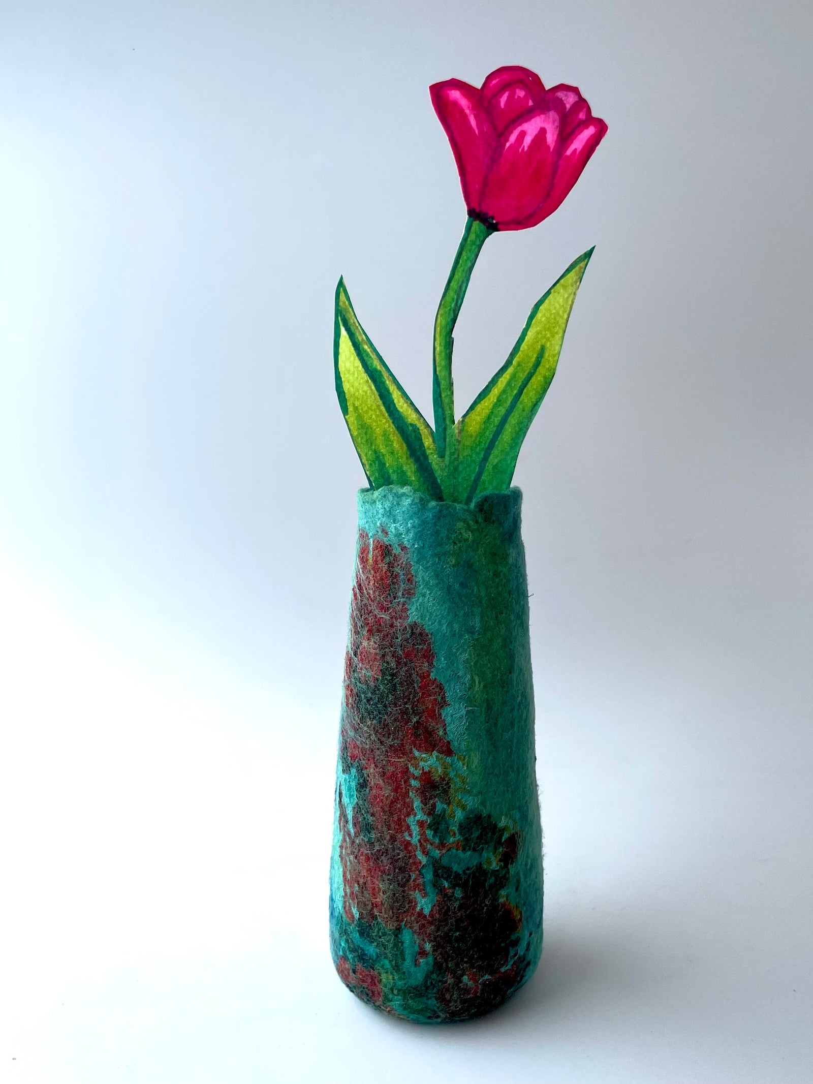 Felted Vase - Teal with Flowered Silk Print