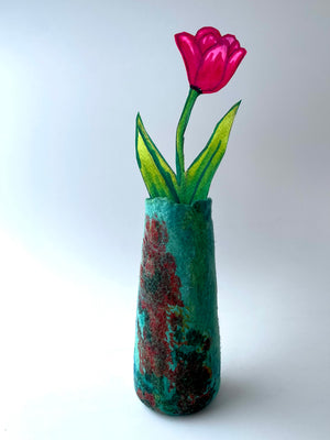 Felted Vase - Teal with Flowered Silk Print