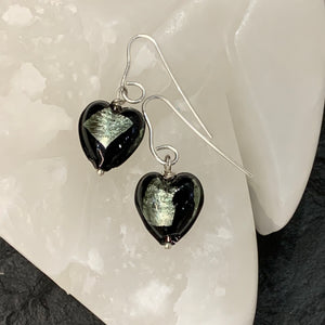 Murano Glass Heart Earrings-Silver Leaf