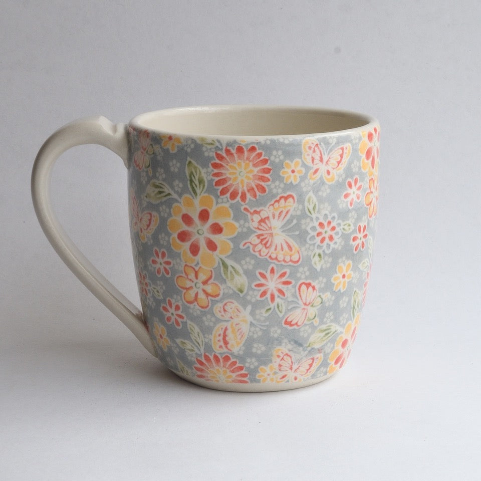 Tall Mug - Grey Florals and Butterflies