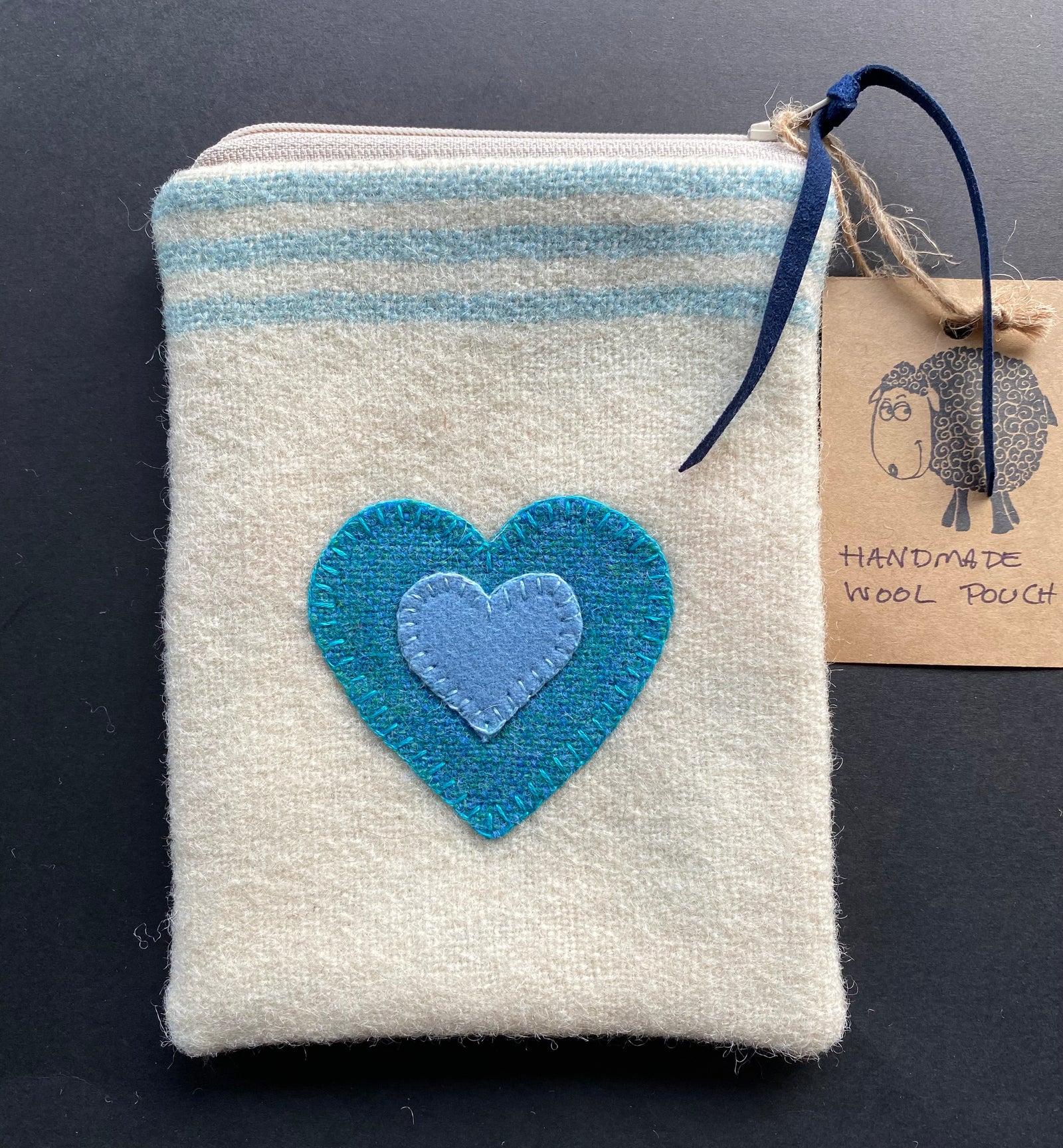 Small White Pouch - Turquoise & Blue Heart w/ Stripes