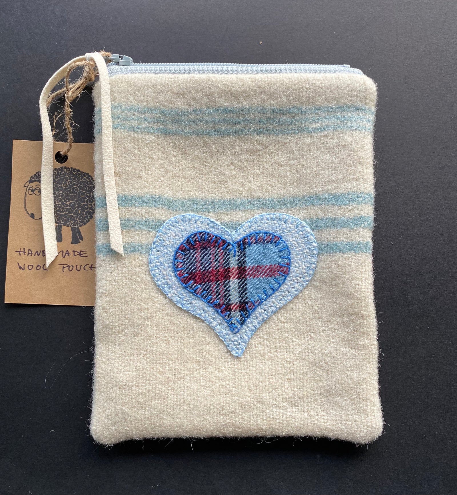 Small White Pouch  - Light Blue & Plaid Heart with Stripes