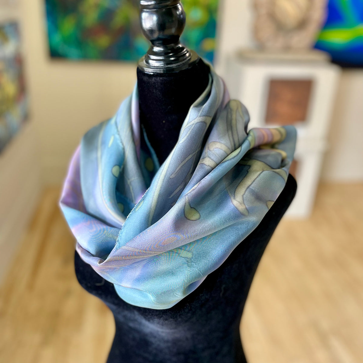 22" x 70" Silk Scarf - muted blues, purples & greens