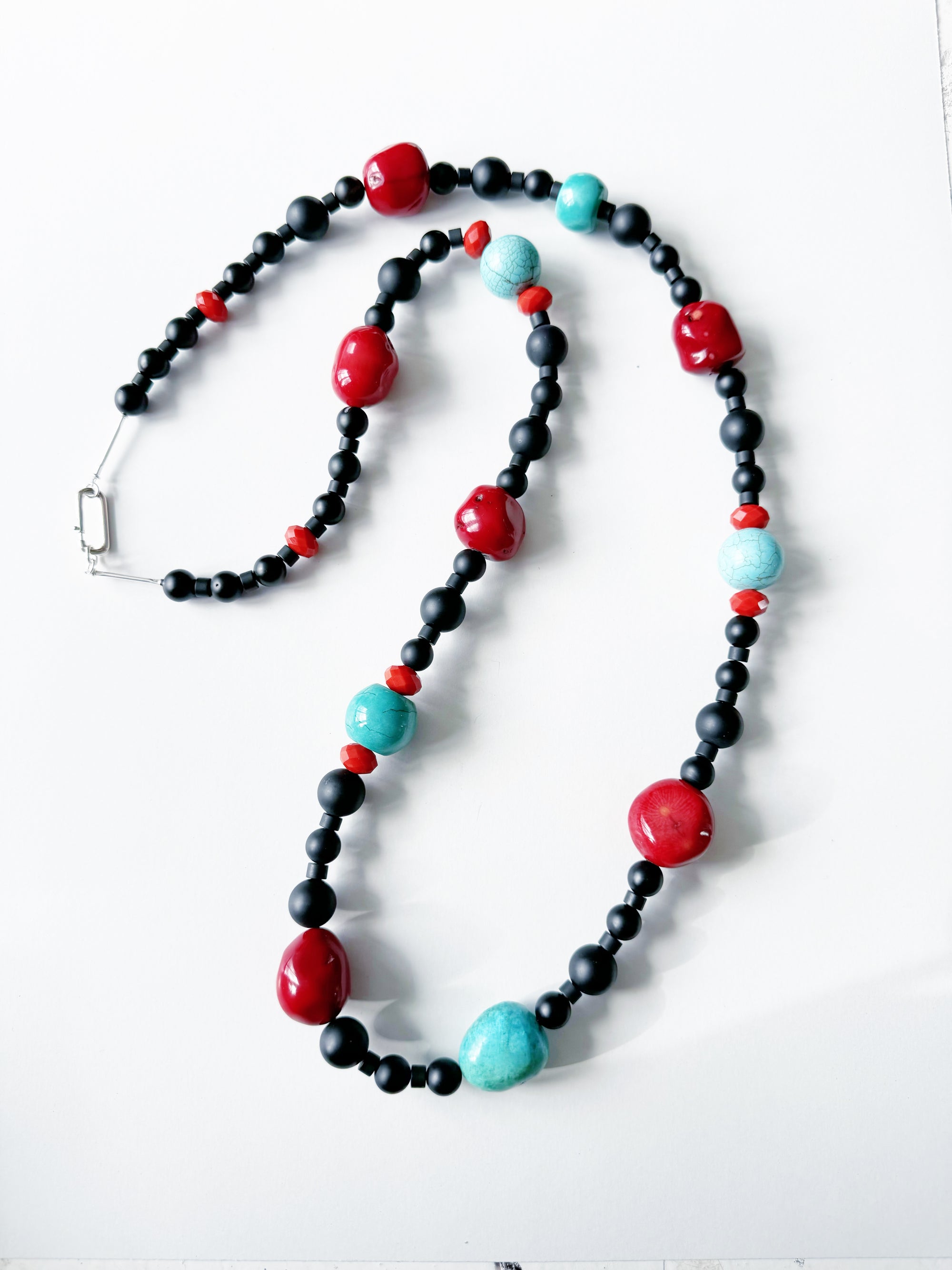 Necklace - Turquoise, Onyx & Lab Coral