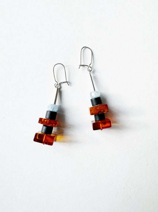 Earrings - Amber, Onyx & Aquamarine