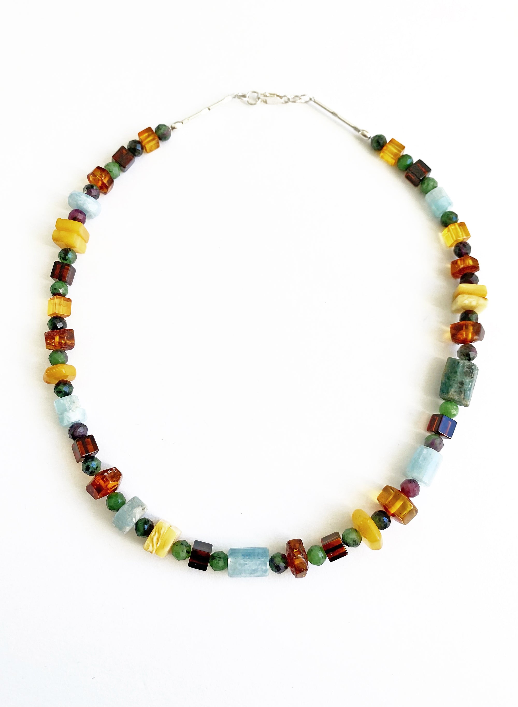 Necklace- Amber, Aquamarine, Emeralds & Blue Apatite