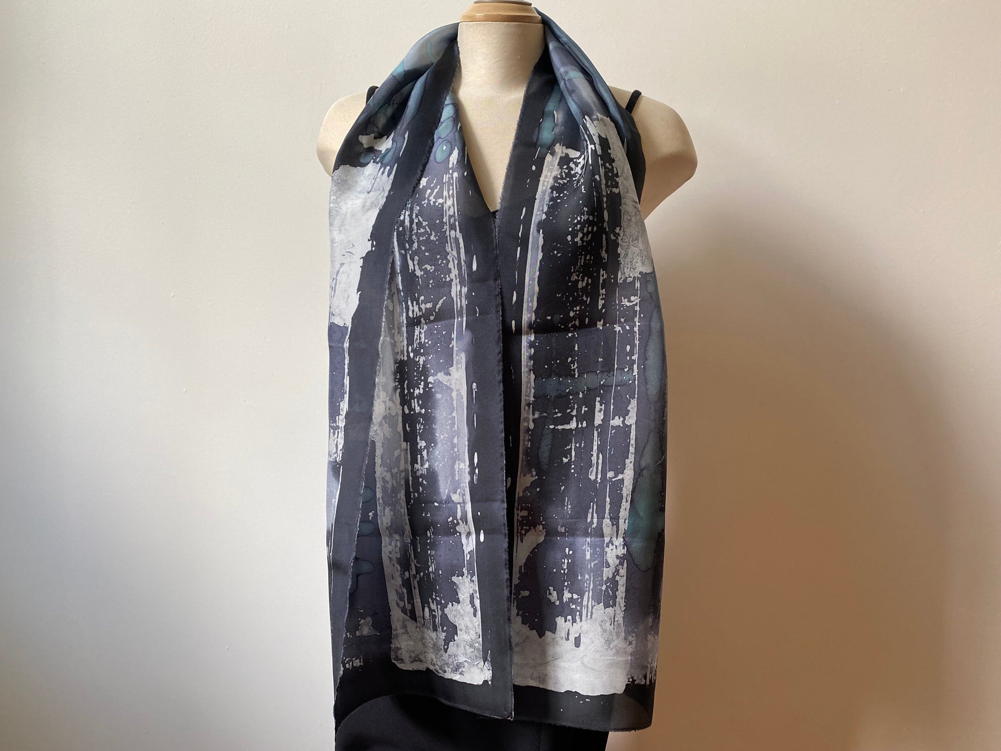 Batik Silk Scarf 11" x 70" - grey & black