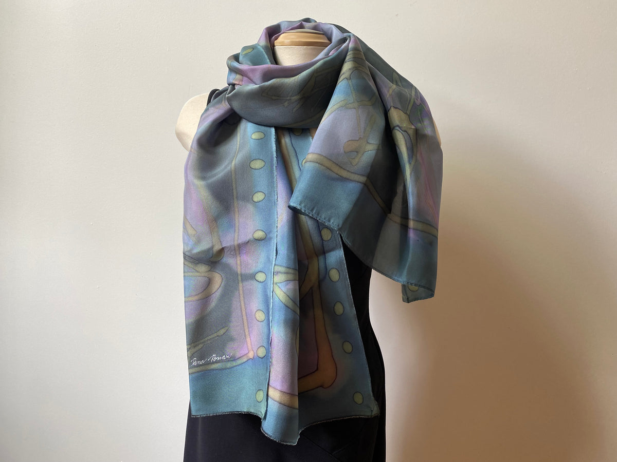22" x 70" Silk Scarf - muted blues, purples & greens
