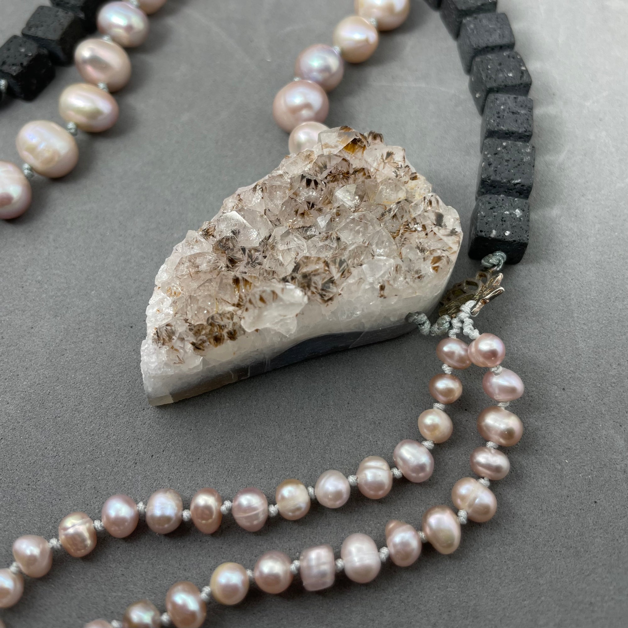 Necklace, Lava, Pearl, Amethyst Pendant