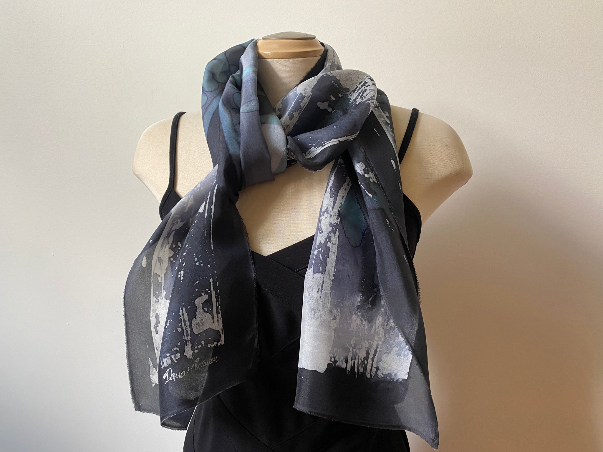 Batik Silk Scarf 11 x 70 - grey & Black