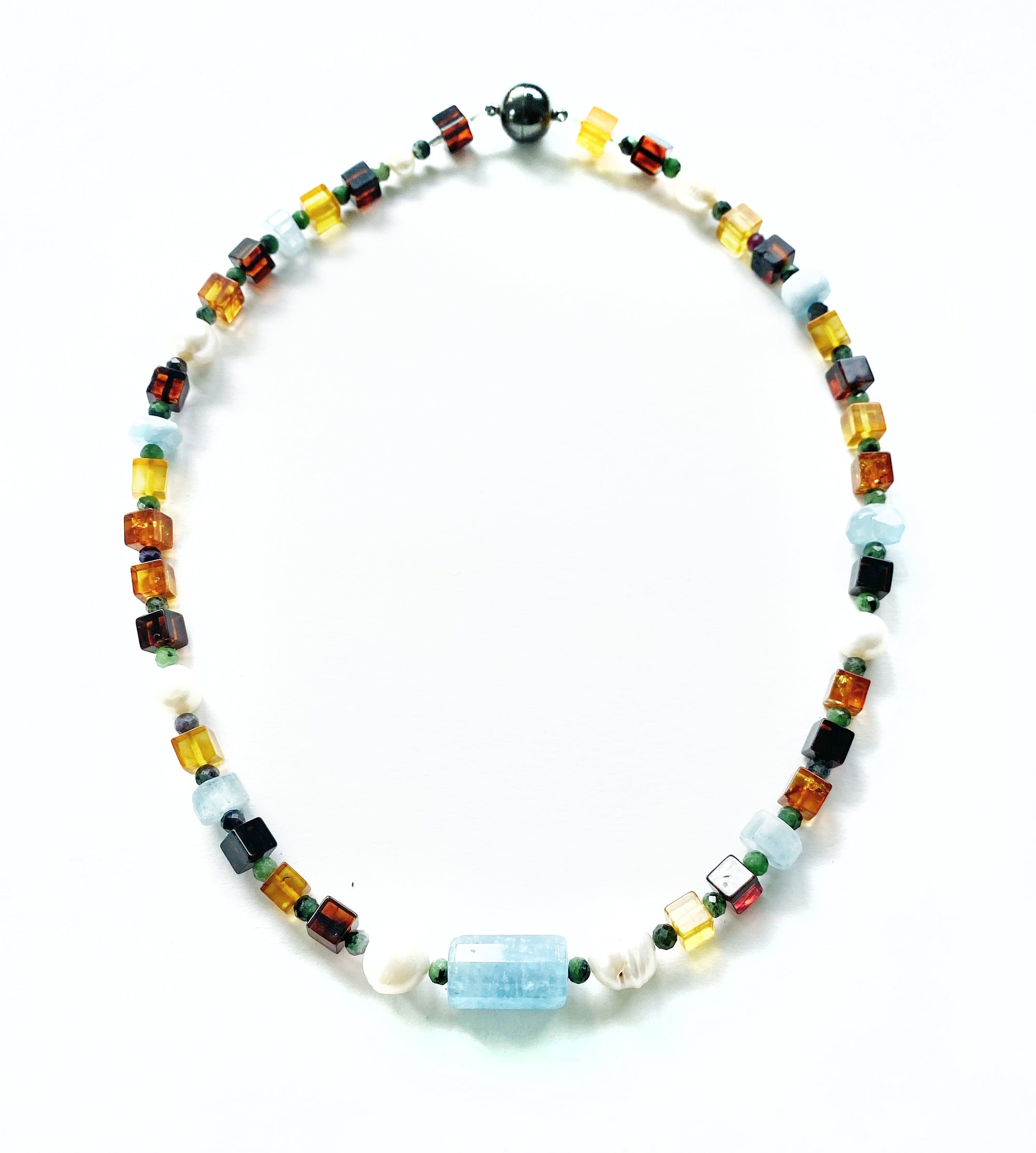 Necklace- Amber, Aquamarine, Emeralds & Pearls