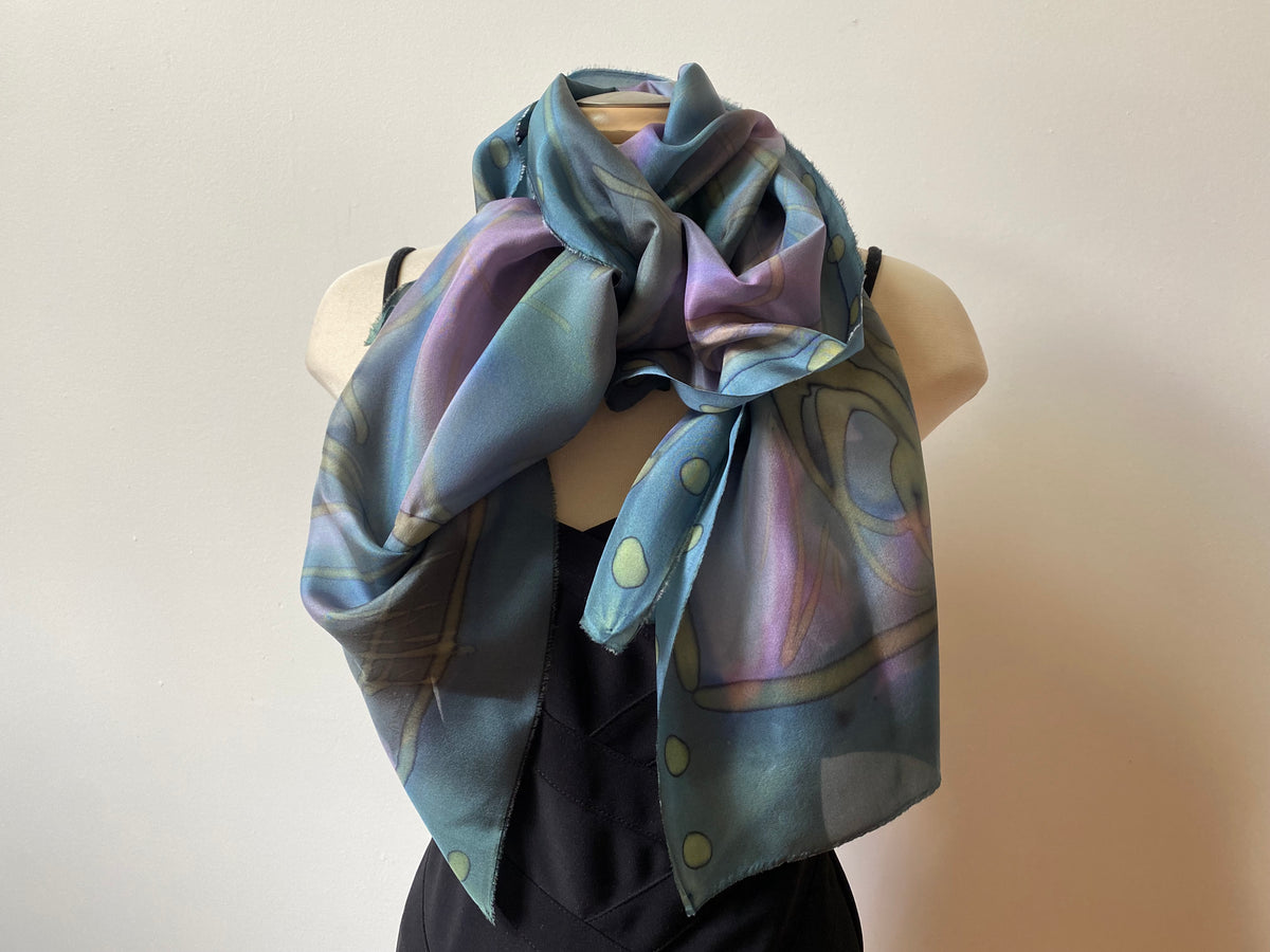 22" x 70" Silk Scarf - muted blues, purples & greens