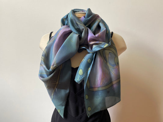 22" x 70" Silk Scarf - muted blues, purples & greens