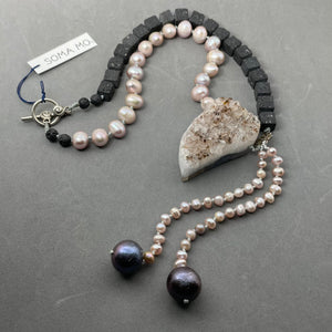 Necklace, Lava, Pearl, Amethyst Pendant